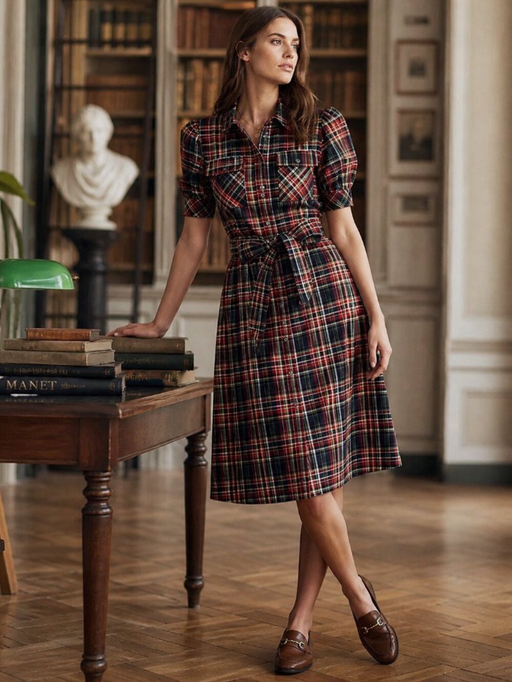 LDT Plaid Puff Sleeve Preppy Academia Preppy Chic Western Midi Dress Size 2
